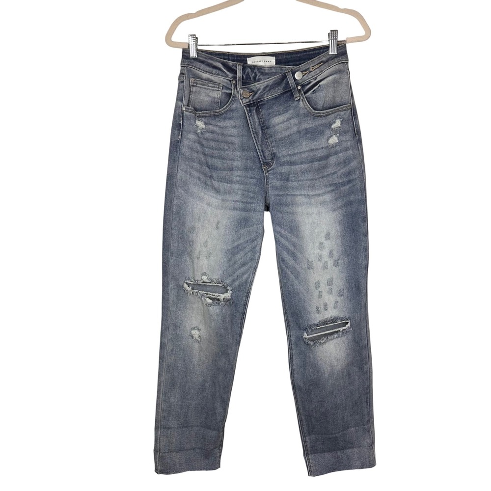 Risen Jeans Distressed Mom Jeans High Rise Cropped Denim Blue Size 9/29